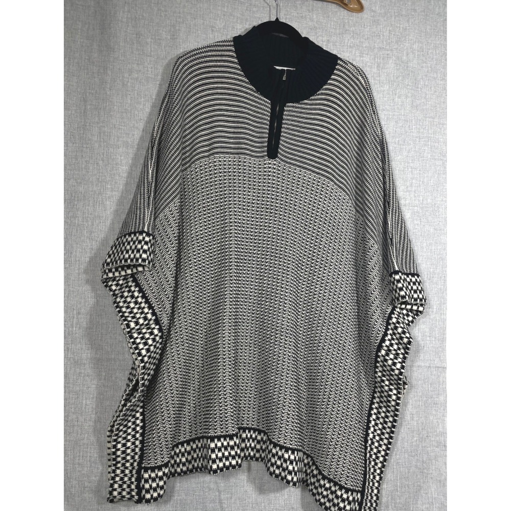 Liz Claiborne 1X Poncho Sweater Black White Knit‎ Pullover 1/4 Zip Mock Neck